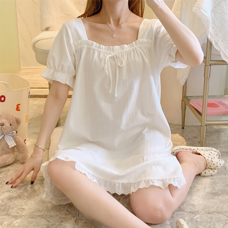 睡裙女夏季短袖纯棉2022年新款可爱大码公主风家居服性感睡衣白色