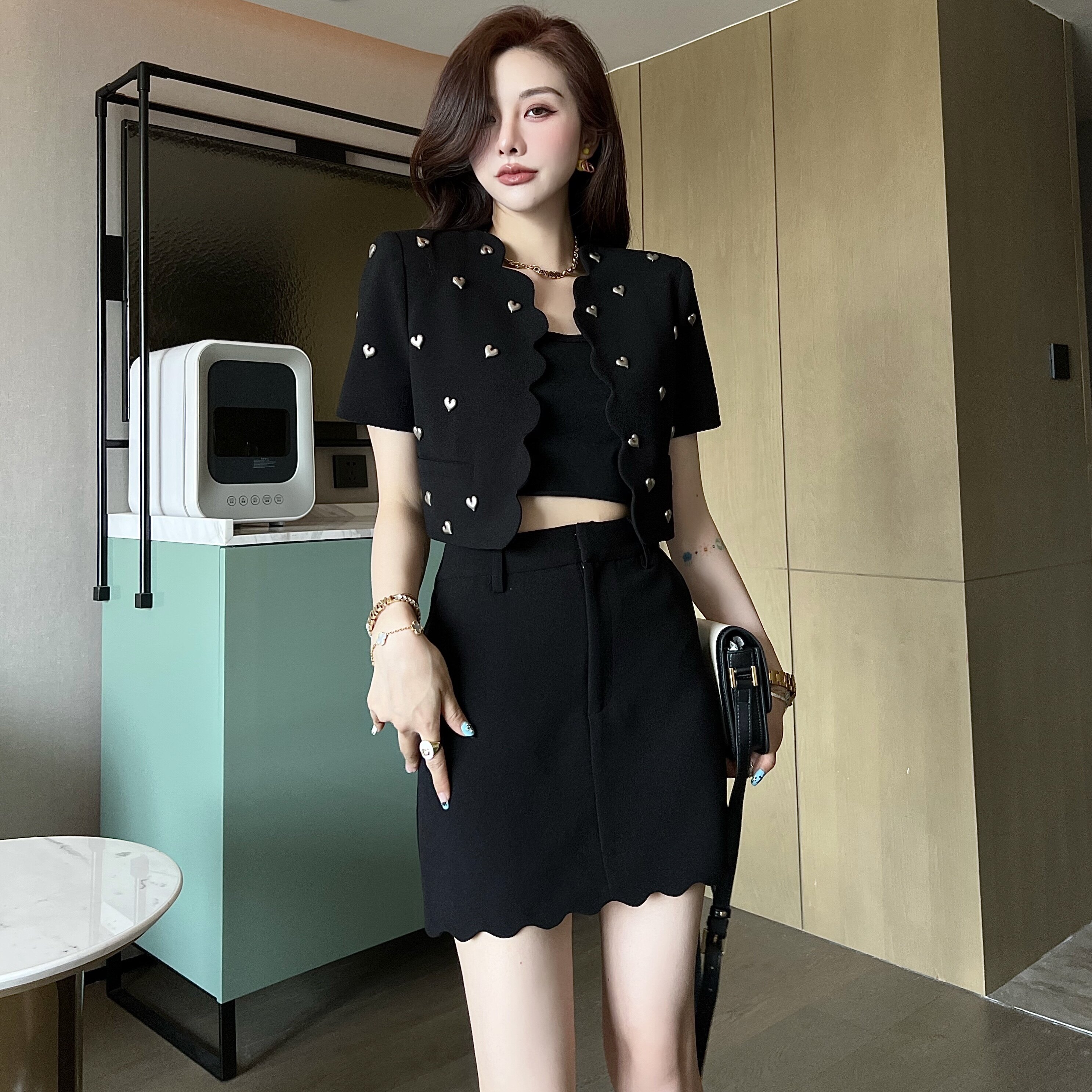 y家2022年夏季新款黑色开衫夹克套装裙子高腰时尚a字半身裙两件套