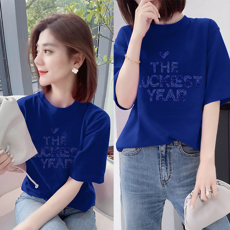 蓝色字母短袖t恤女欧洲站夏季新款2021欧货潮小个子圆领休闲上衣