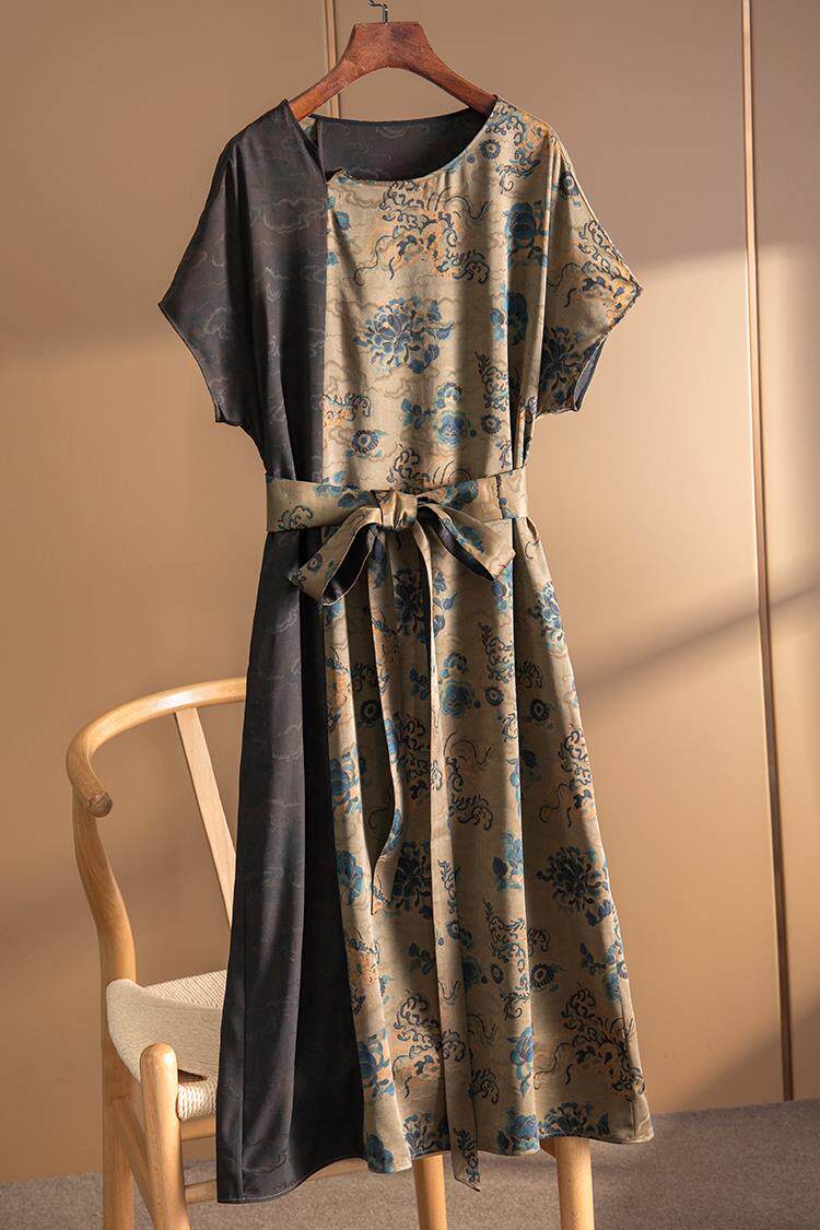 外贸折扣店撤柜法国高定不撞衫祥云收腰重磅真丝香云纱连衣裙女19