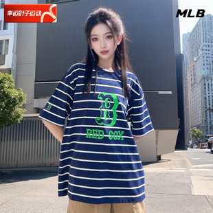 MLB条纹短袖女装2024夏季新款休闲半袖运动服上衣宽松透气大码T恤