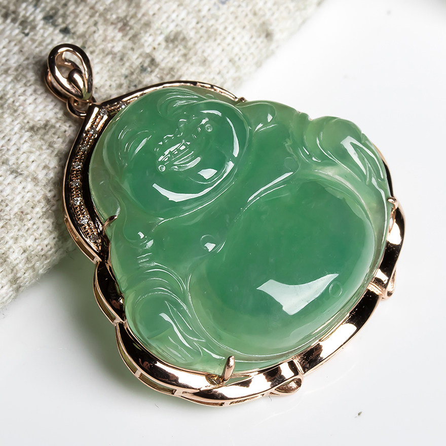 老坑冰糯种18k镶嵌金伴钻佛公吊坠9.47g