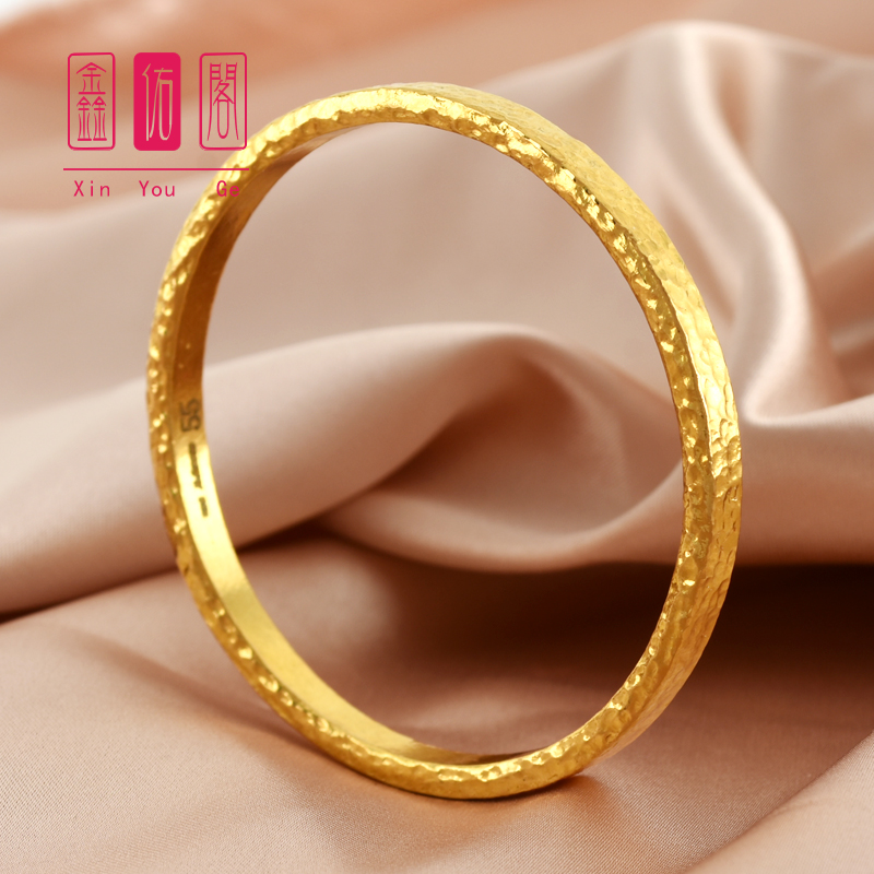 新款黄金实心手镯999足金手工锤纹平板亮面闭口ins男女定制大手环