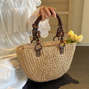 泰国草编大容量包包女2024夏季新款木珠手提菜篮子海边度假沙滩包