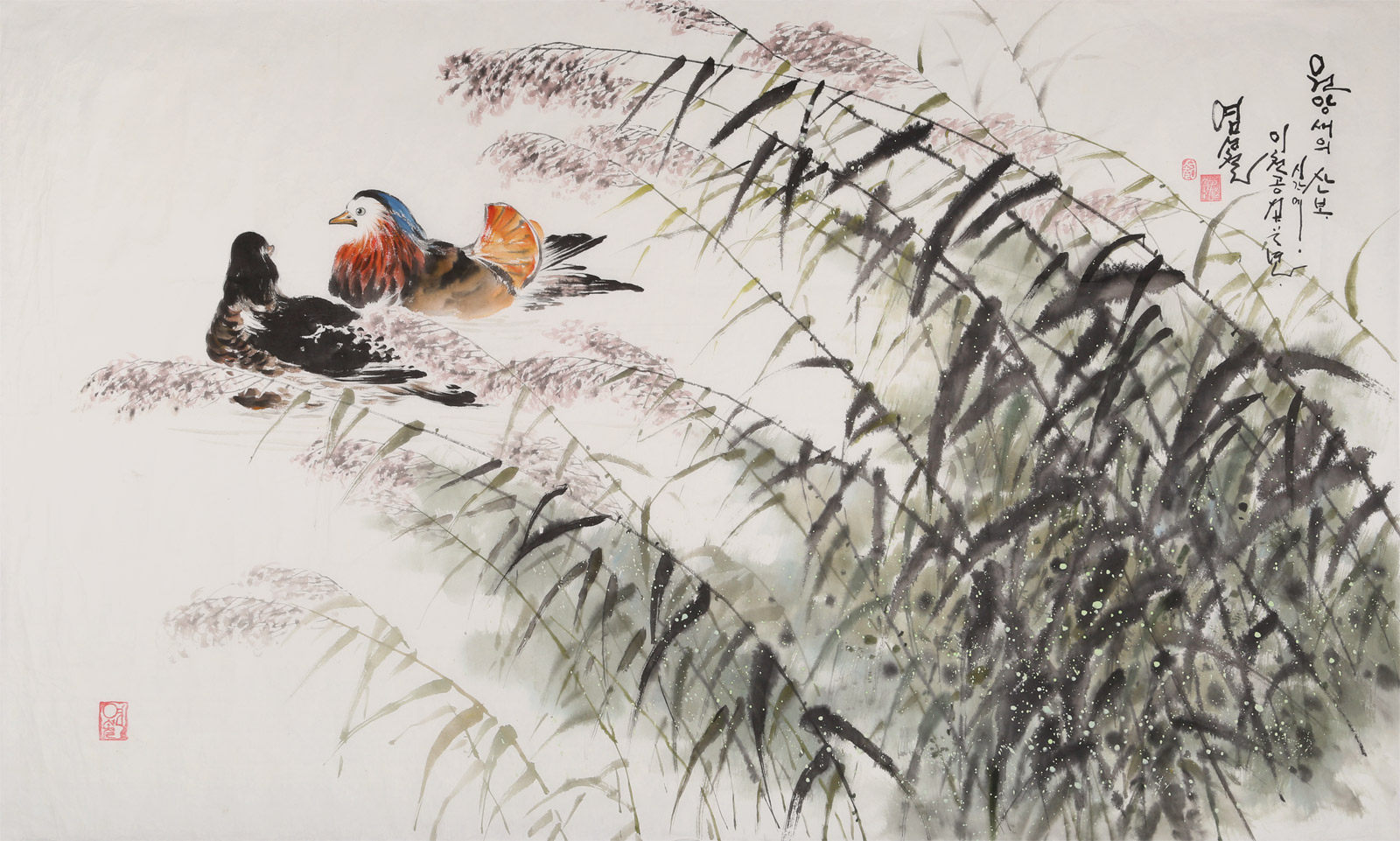 朝鲜一级画家 廉城哲 《鸳鸯戏水》 纸本水墨