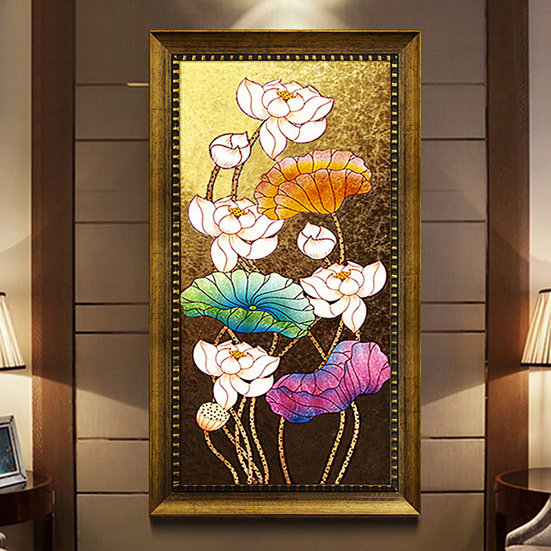 玄关装饰画竖版纯手绘油画立体东南亚泰式金箔画荷花走廊手工挂画