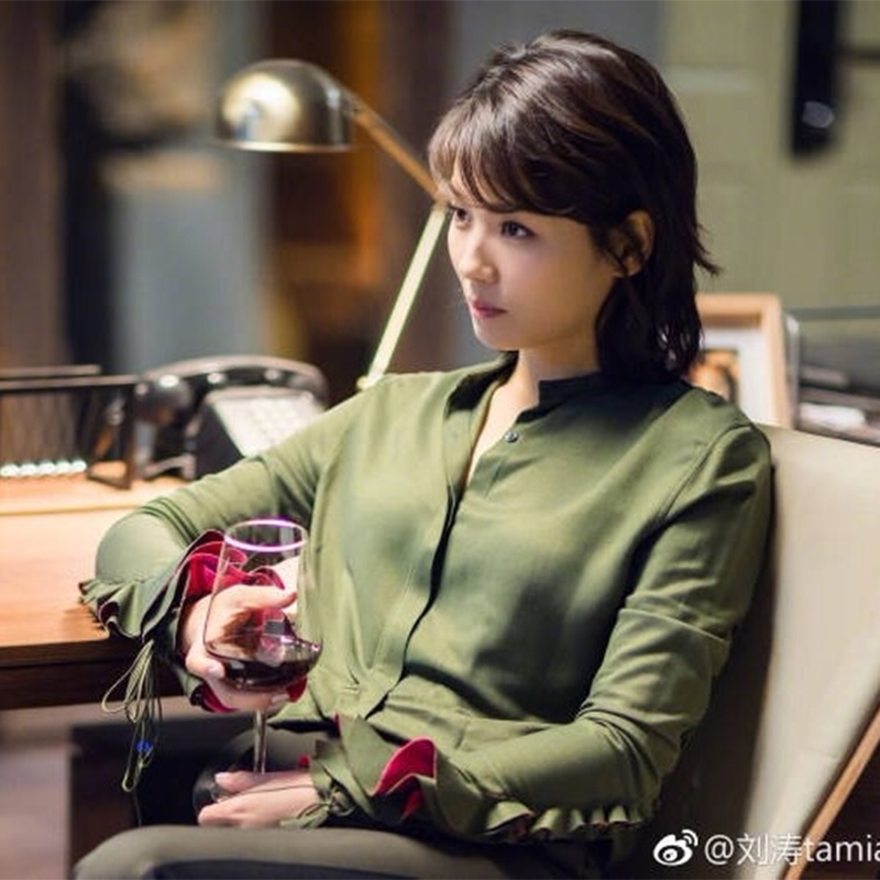 欢乐颂刘涛安迪同款军绿色长袖衬衫荷叶喇叭袖口系带上衣2017蒋欣