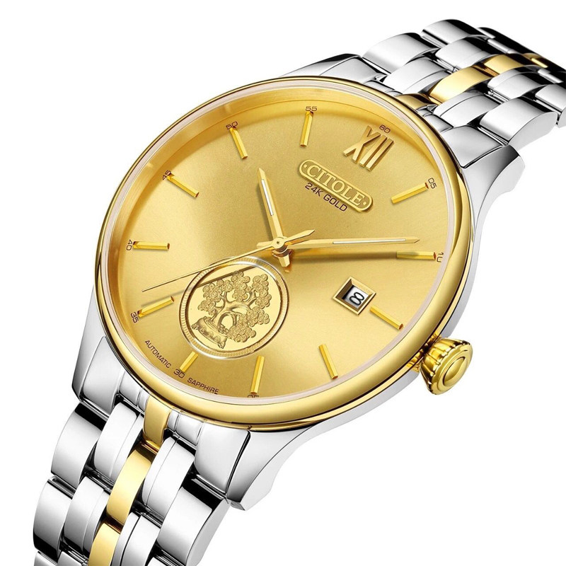 专柜正品西腾男表 24k金币摇钱树金表品牌钢带防水男士机械表6070