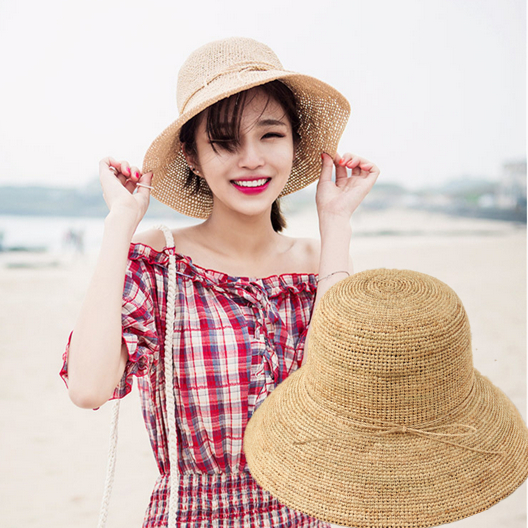特细拉菲草帽子女士夏天韩版大檐沙滩帽遮阳帽出游度假可折叠