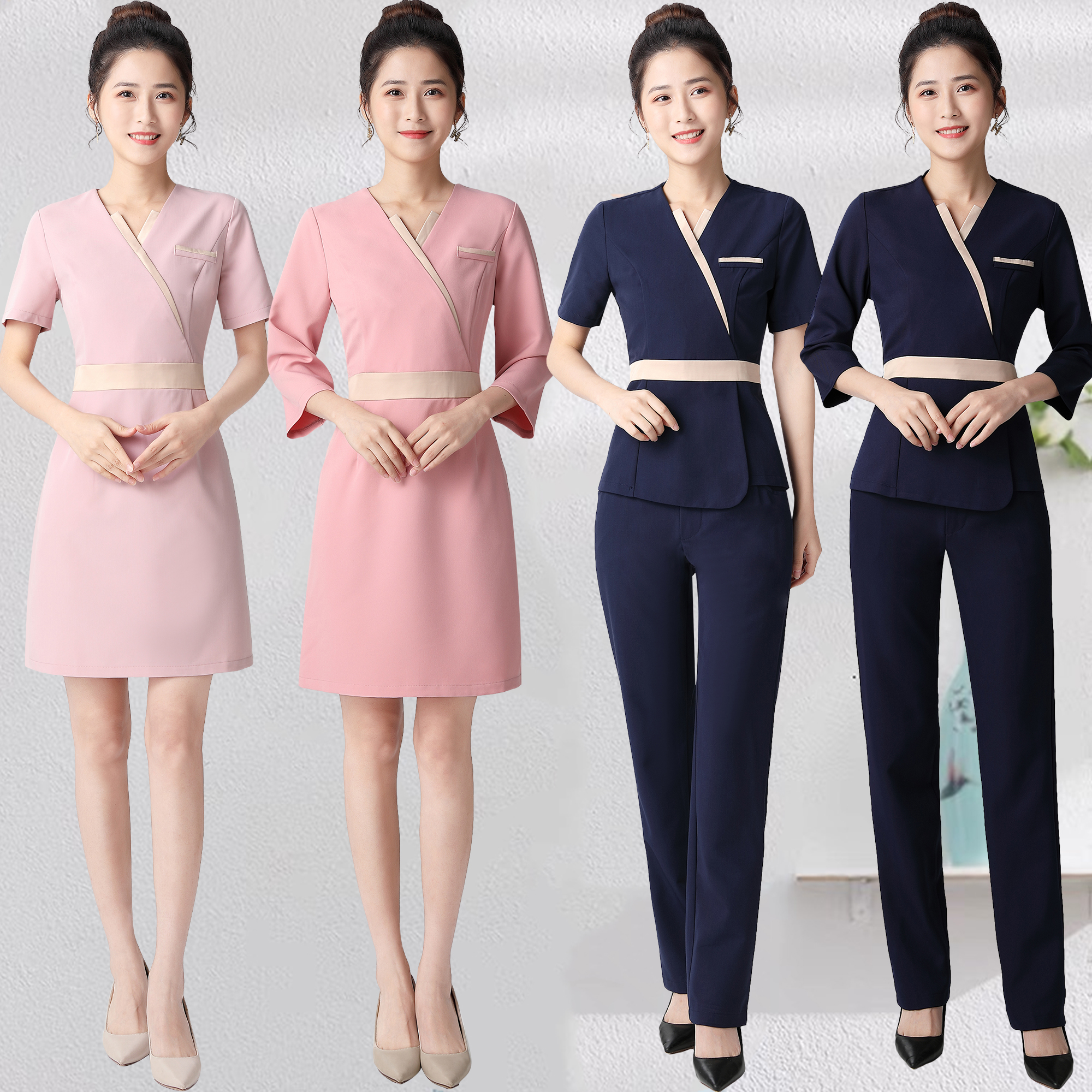 2022最新款美容院工作服女套装薄款spa美容师工衣连衣裙夏技师服