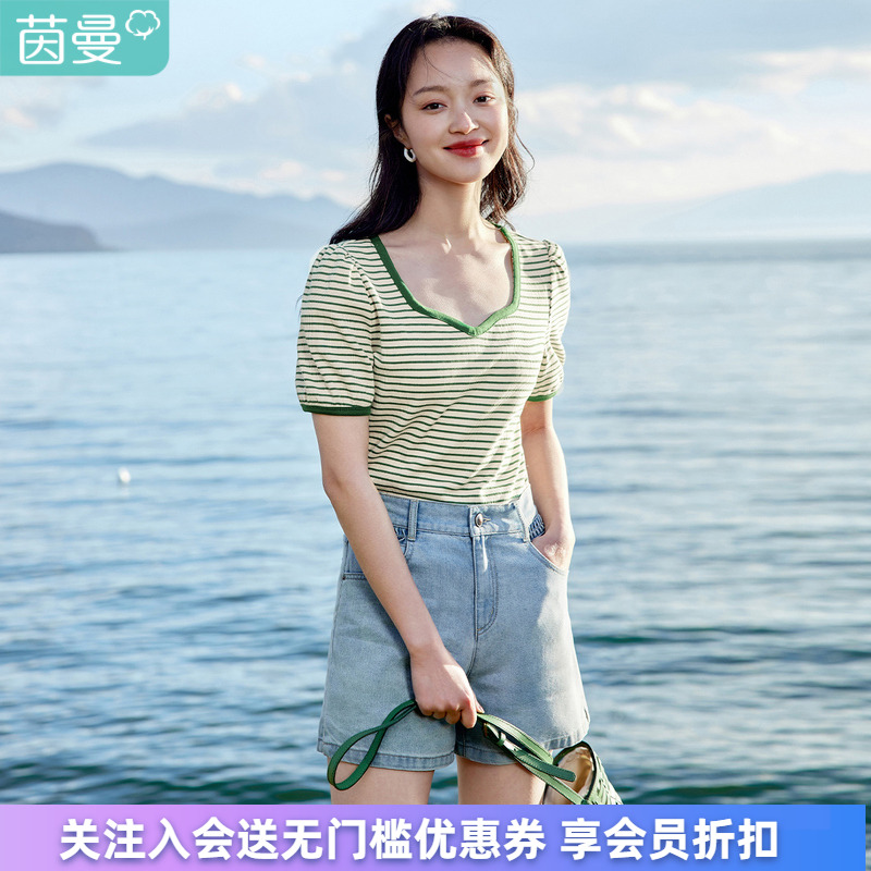 茵曼女装夏装新款时尚田园条纹桃心领锁骨修身显瘦泡泡袖T恤