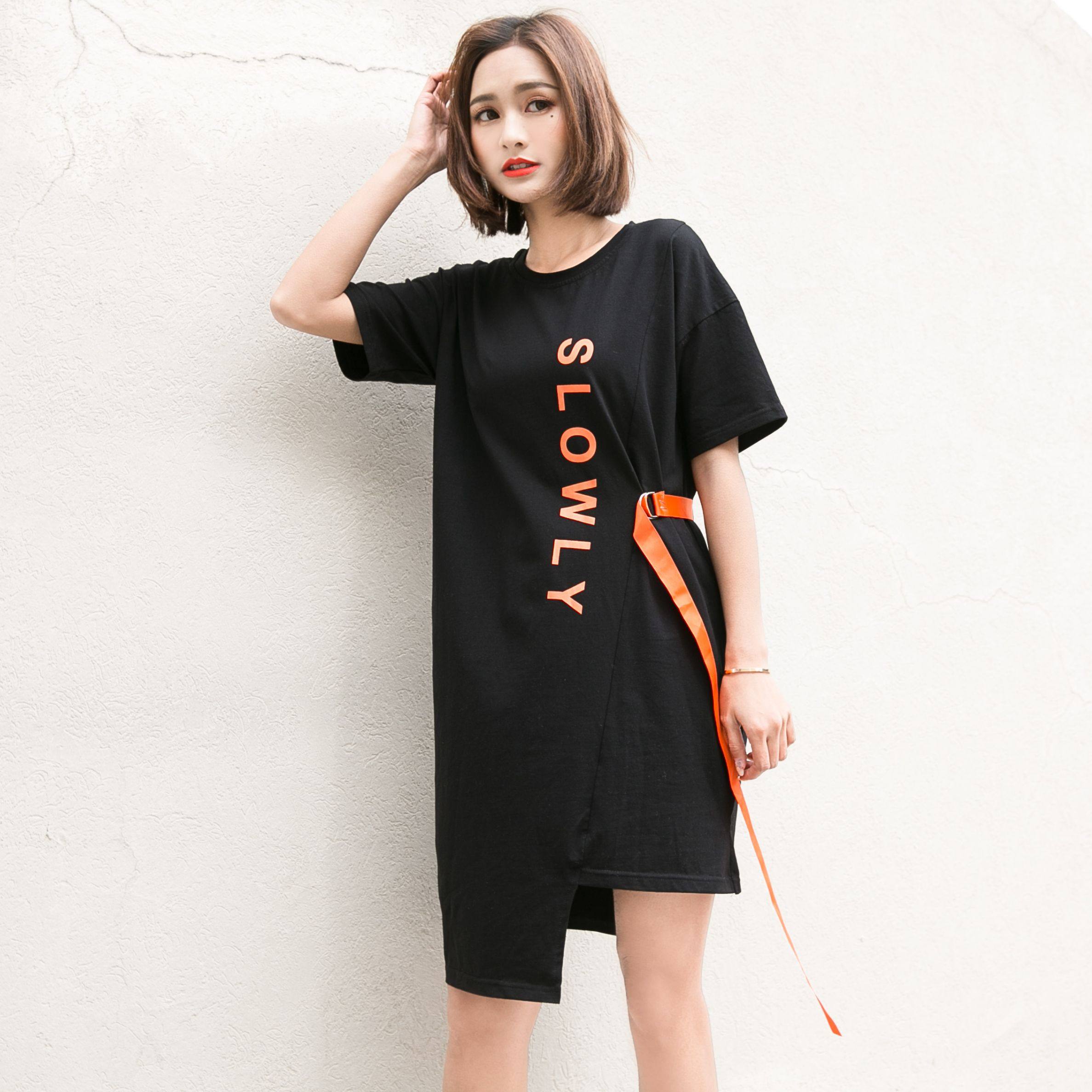 纯棉 实拍t恤裙连衣裙宽松黑色t恤女飘带短袖中长款已出货004