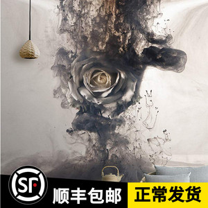 8d立体壁画欧式3d创意烟雾玫瑰花玄关背景墙壁纸抽象艺术影视墙布