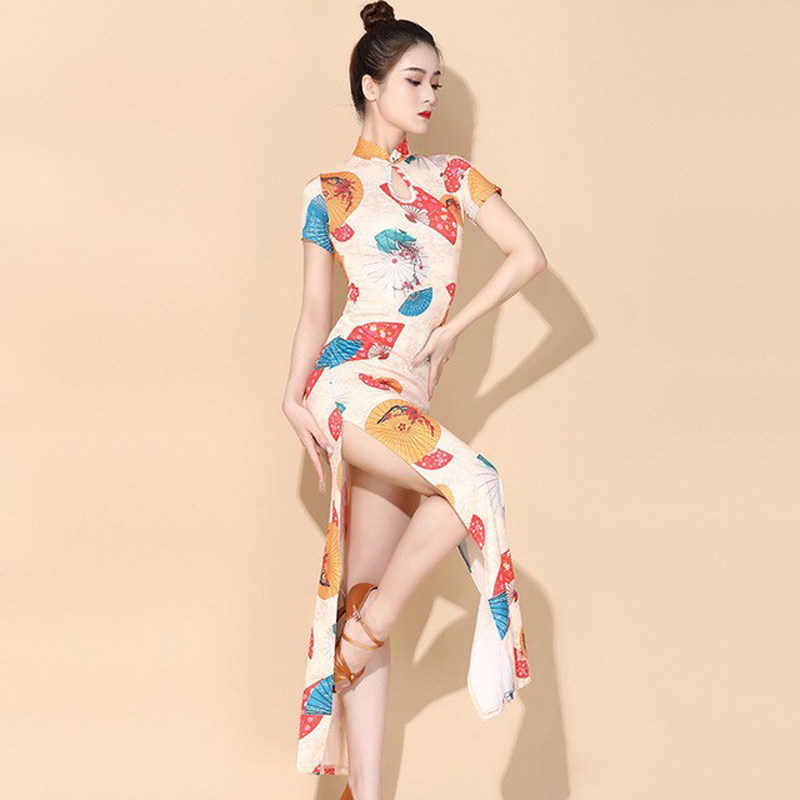 2021拉丁舞古典舞旗袍民国开叉性感印花气质舞蹈服表演演出服装女