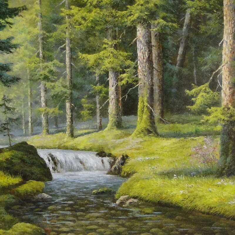 朝鲜功勋艺术家崖春洪油画作品《森林小溪》