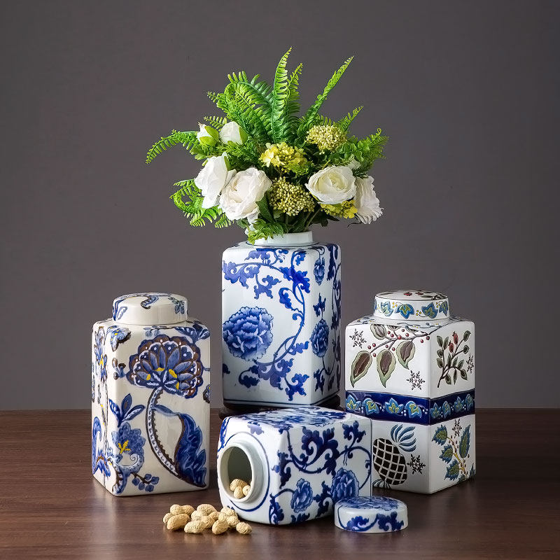陶瓷花瓶摆件储物罐带盖家居客厅办公桌插花装饰品创意摆设