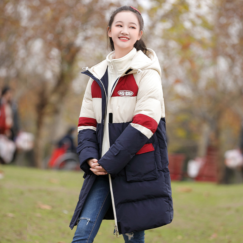 色彩旋律羽绒服中长款少女冬季大童高中生女生初中学生白鸭绒加厚