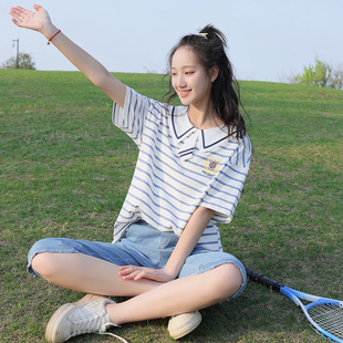 学生夏装女套装初中生学院风海军领新款高中生七分裤JK校服两件套