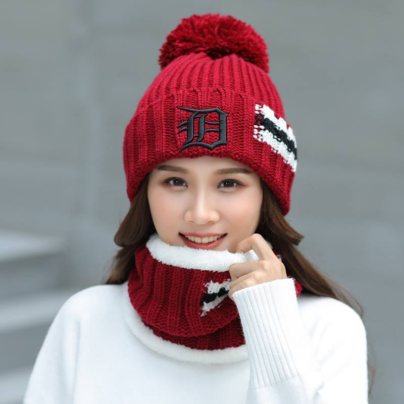 女士冬季帽子韩版加绒保暖毛线帽甜美可爱夹色雪花围脖套装针织帽