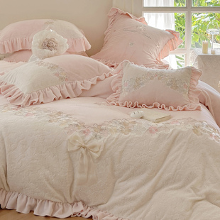 粉色公主风冬季加厚牛奶绒四件套双面保暖床单珊瑚法兰绒被套床品