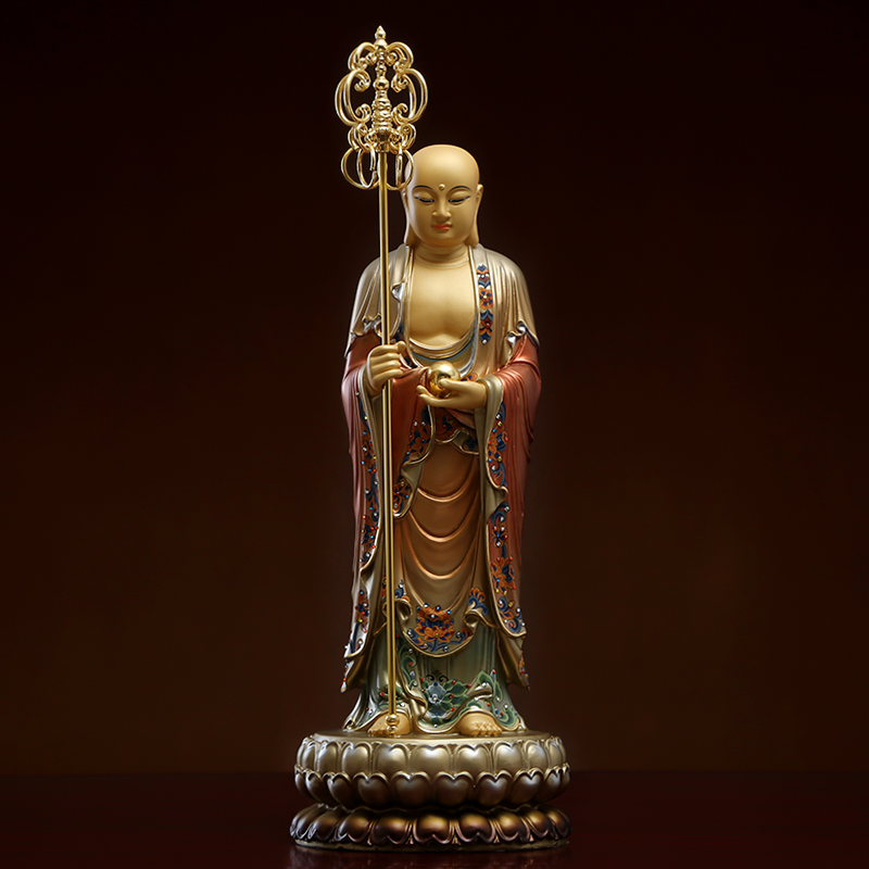 彩绘地藏菩萨站立铜像九华山地藏王菩佛像纯铜家用地藏王供佛摆件