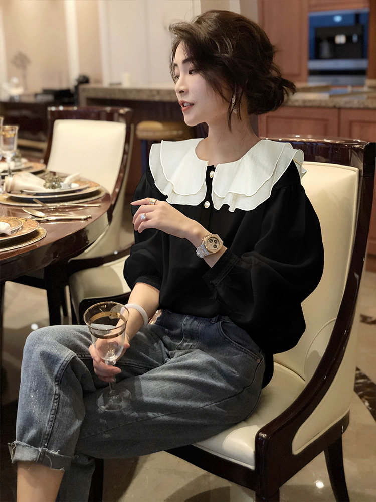 黑色娃娃领雪纺衬衫女小个子休闲洋气减龄上衣春装2022新款欧洲站