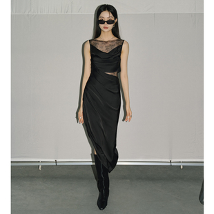 YS新款法式小众高级感蕾丝拼接缎面垂感露腰性感假两件连衣裙显瘦