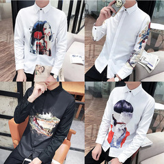 秋季男士长袖衬衫韩版修身青少年学生休闲印花白色衬衣服潮流寸衫