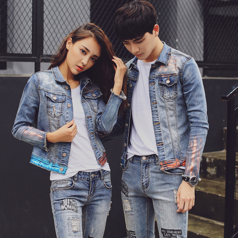 春秋季新款浅色短牛仔外套情侣韩版宽松男女衣服一套套装8010#810
