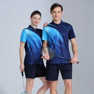 羽毛球服上衣速干男女夏季比赛短袖T恤宝蓝黑色印字排球乒乓球衣