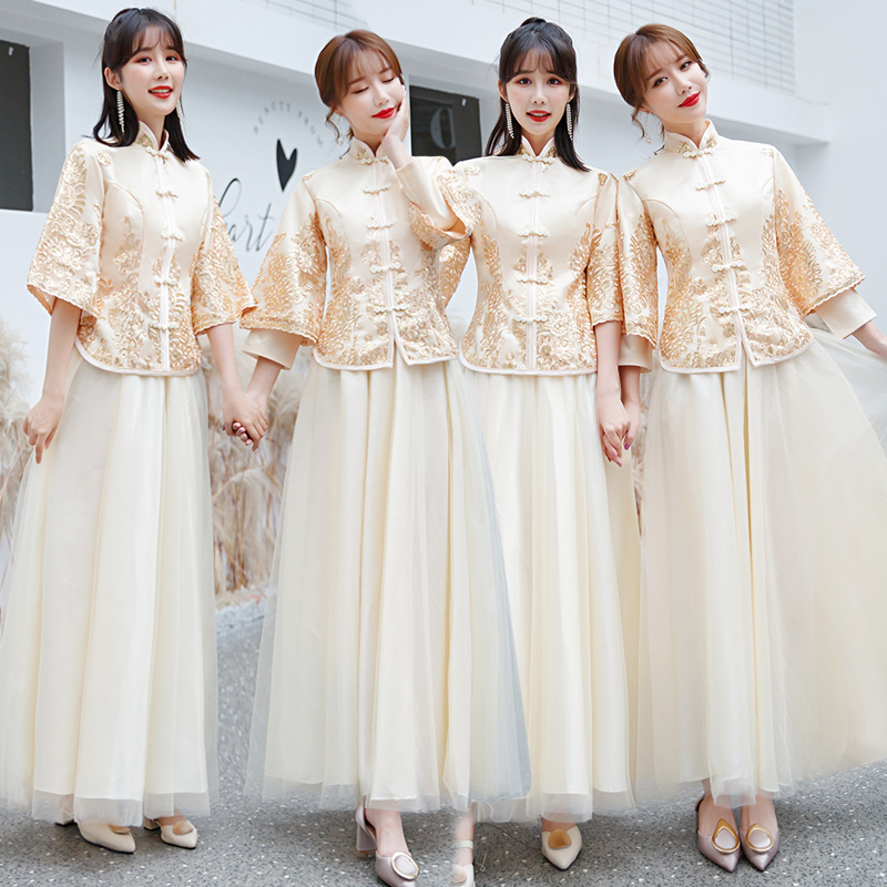 中式秀禾伴娘服2021年新款创意礼服秋冬季婚礼姐妹裙伴娘团中国风