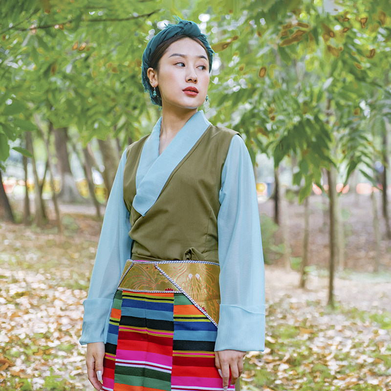 5折)清新绿意 棉麻裙 拉萨服 2件套藏装长裙女 日