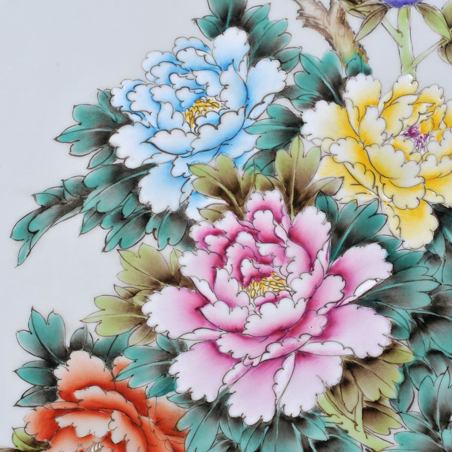 重工粉彩花卉牡丹四条屏瓷板(含框)景德镇高级陶瓷美术师