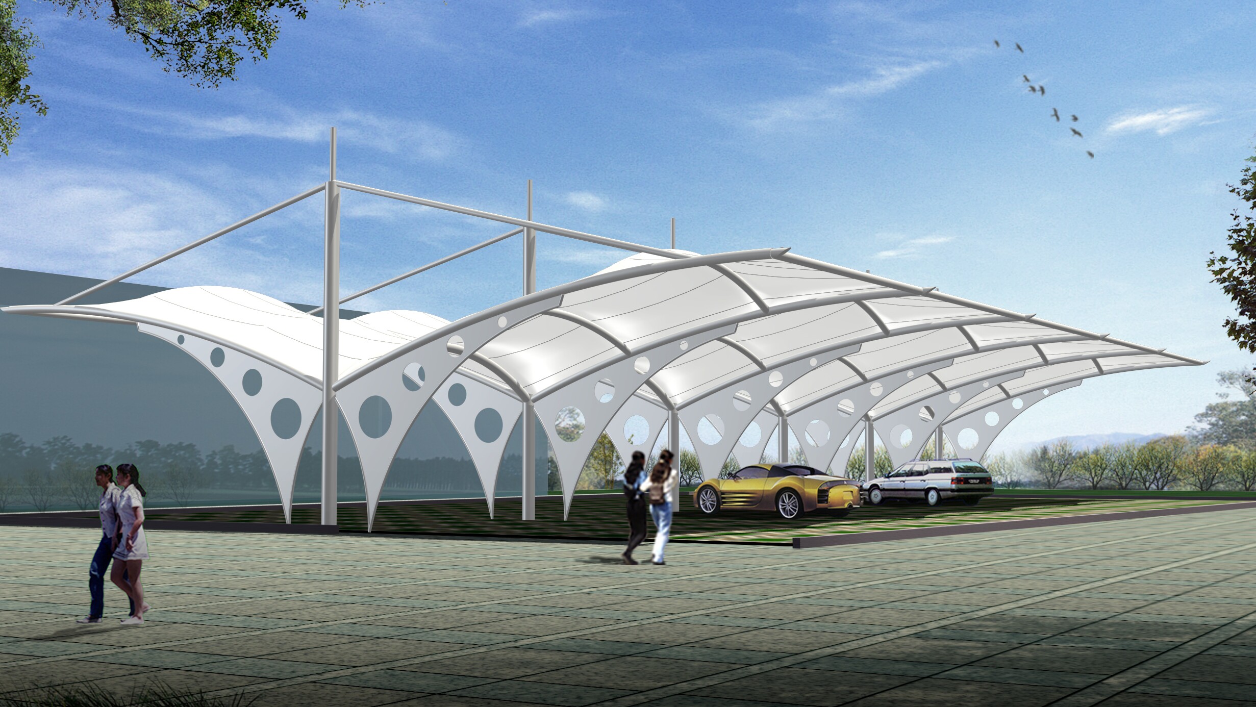 膜结构停车棚遮阳雨棚 稀晶布 杜肯米乐塞德乐海德斯膜材膜布篷料