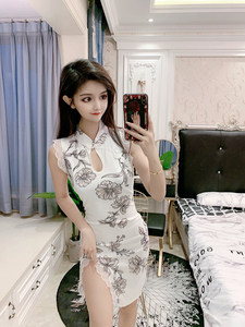 Medium length split lace cheongsam dress