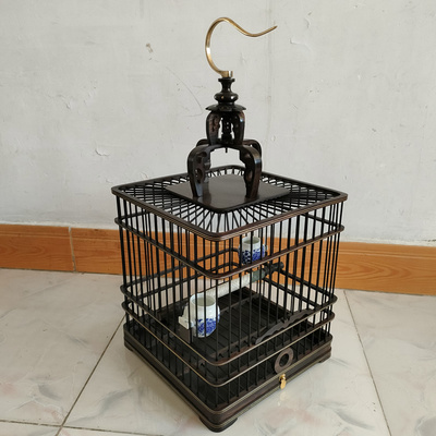 乌木竹条紫光实木画眉鸟笼子方形画眉笼镶铜线抽屉底双活底鸟笼