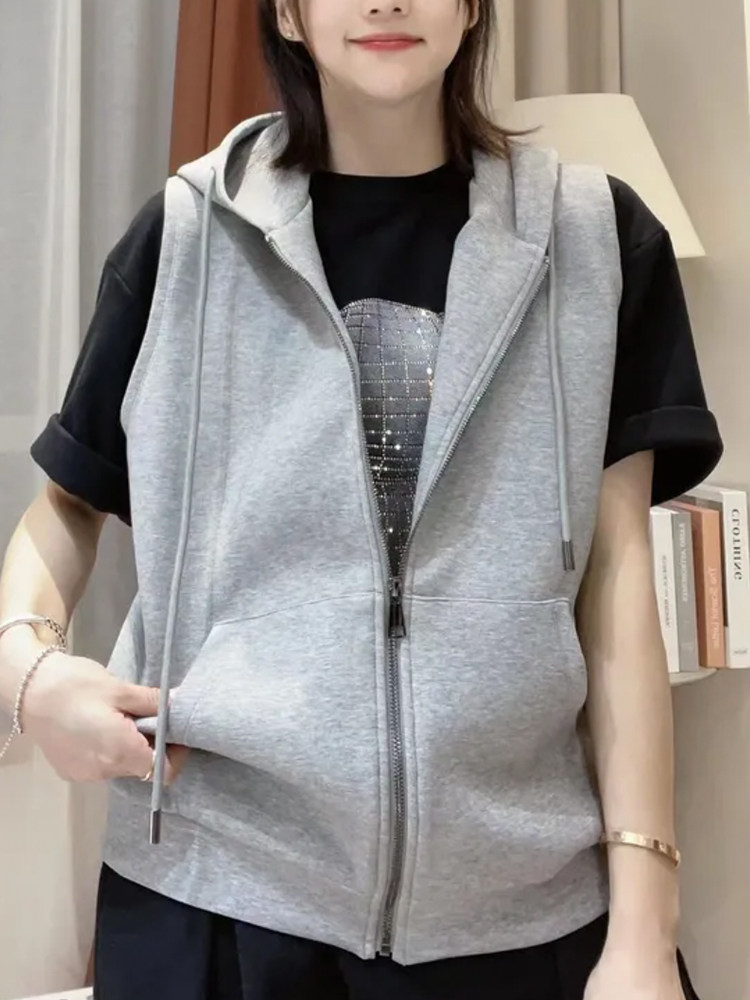 春夏2021女新款太空棉连帽加绒马甲休闲拉链外套背心潮流无袖卫衣