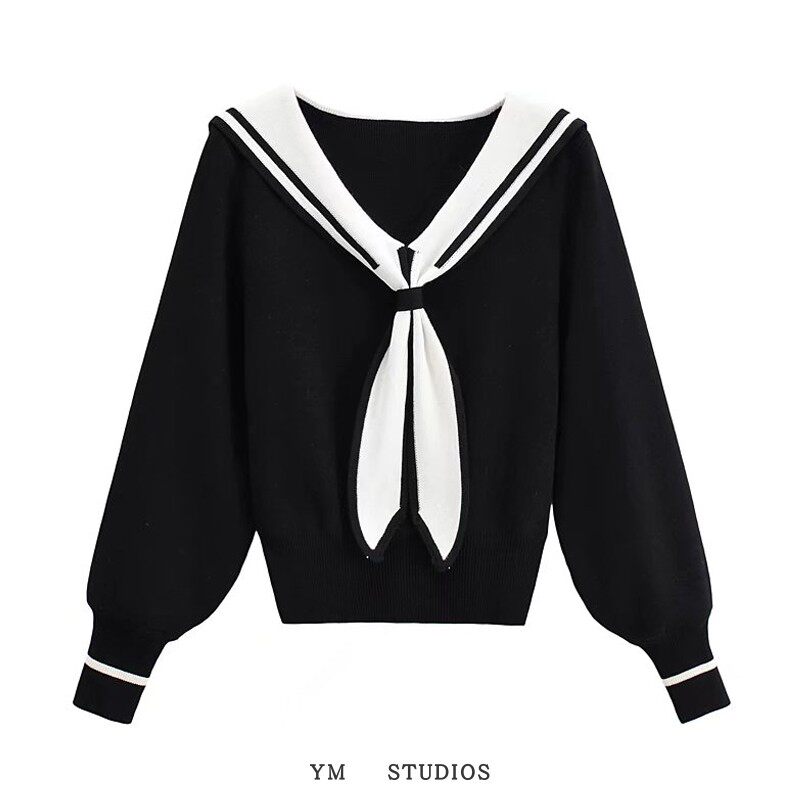 欧美女装  2022早春新款学院风撞色海军领套头毛衣领结女生针织衫