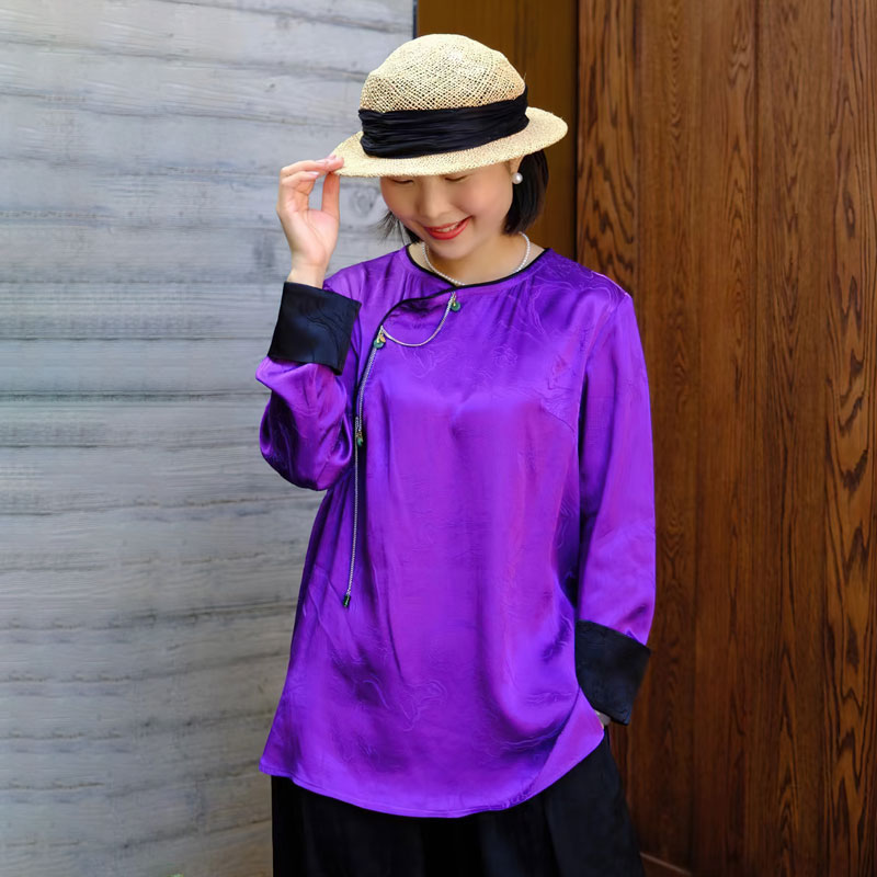 2024年春季新中式高贵紫色圆领真丝衬衫袖口撞色上衣时尚气质百搭
