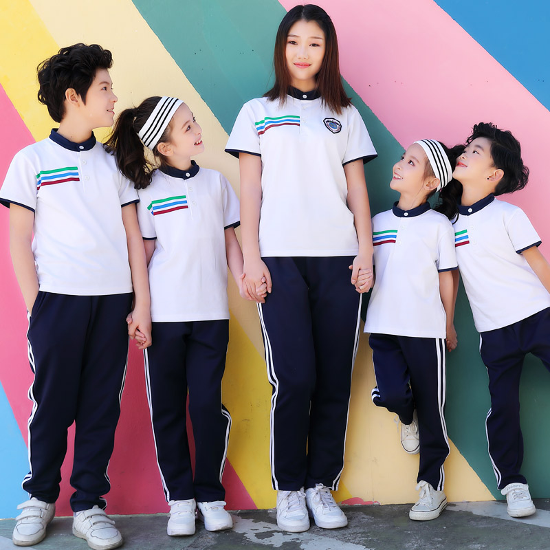 中小学生校服夏季休闲套装二四五六年级班服运动会开幕式白色服装