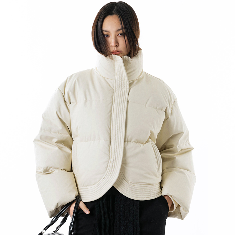AMBOSC冬季新品休闲设计感PU皮立领保暖羽绒服加厚长袖短款面包服