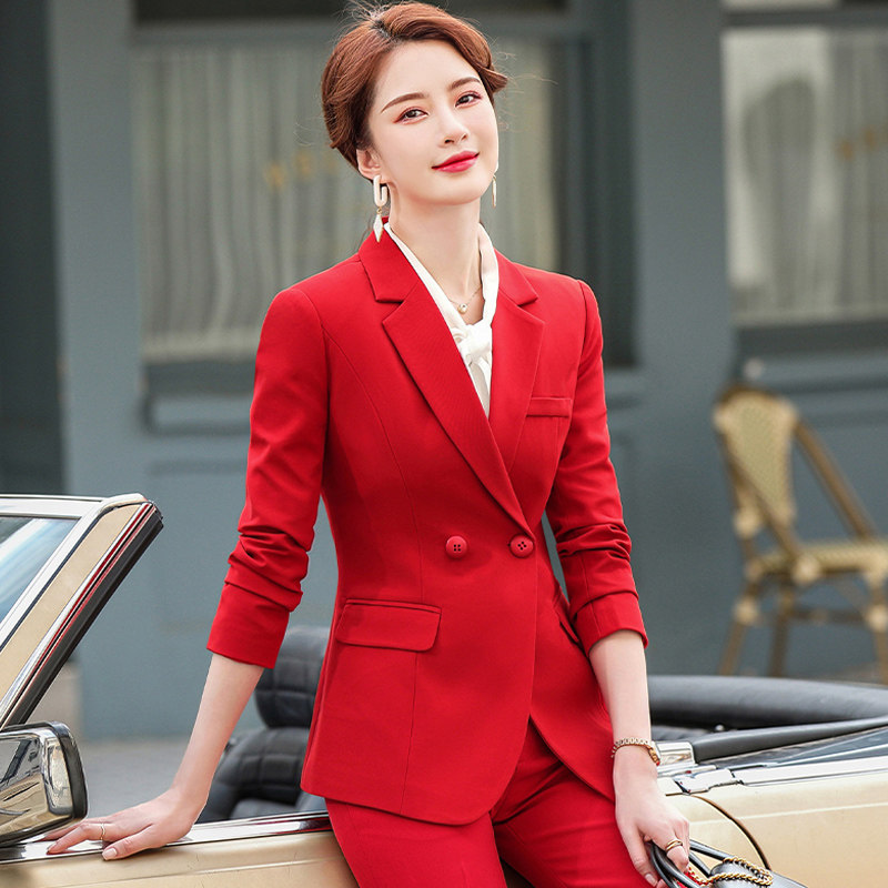 高级感红色职业西装套装女时尚白领酒店经理美容院韩版西服外套女