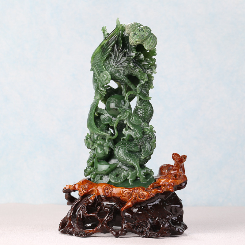 【龙凤呈祥】河南省玉石雕刻大师庞建伟作品 和田玉碧玉摆件1020g