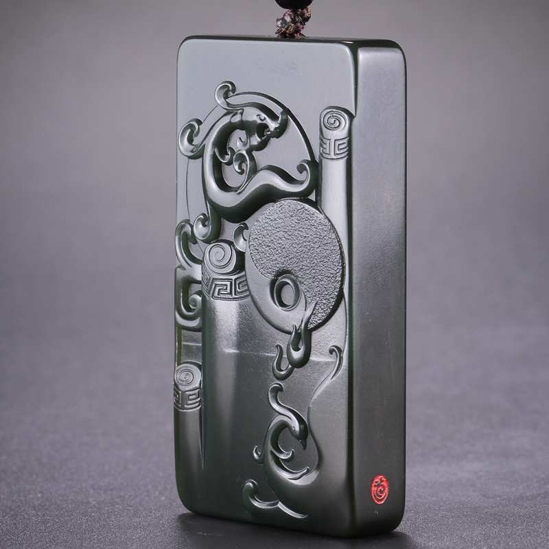 【仿古龙】【玉雕大师张国军作品】和田玉青玉挂件72.81g