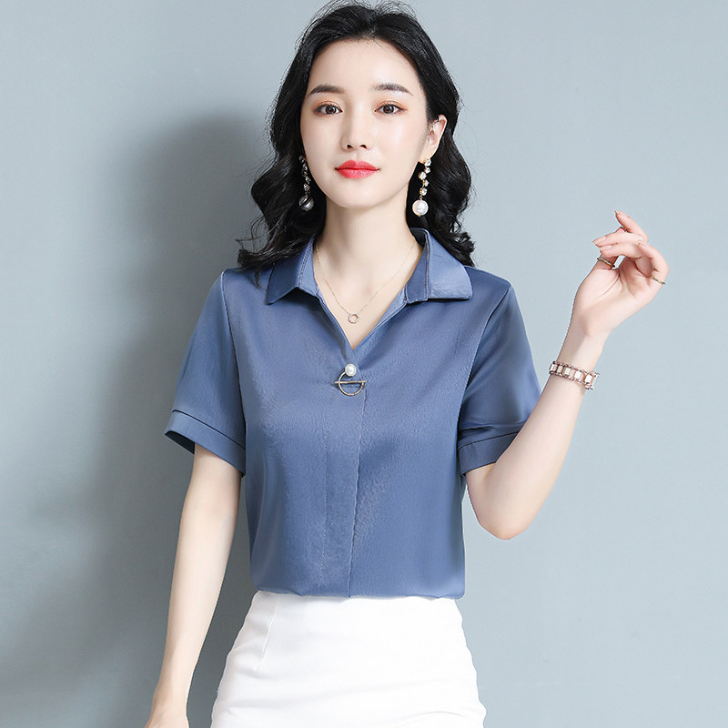 PF21273#缎面雪纺衬衫女韩版短袖宽松夏季气质上衣V领白色衬衣职业女裝貨源服裝批發