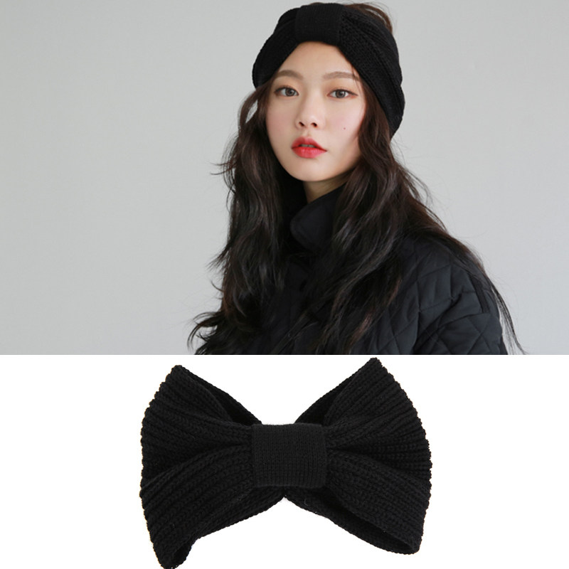 韩国进口头发饰品代购冬天运动休闲纯黑色毛线针织加宽头巾式发带