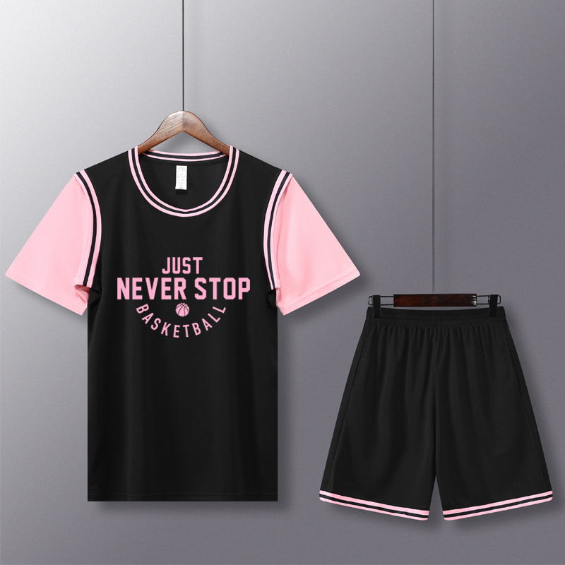 篮球服套装假两件套球衣定制黑粉色男女运动训练服套装班服印字夏