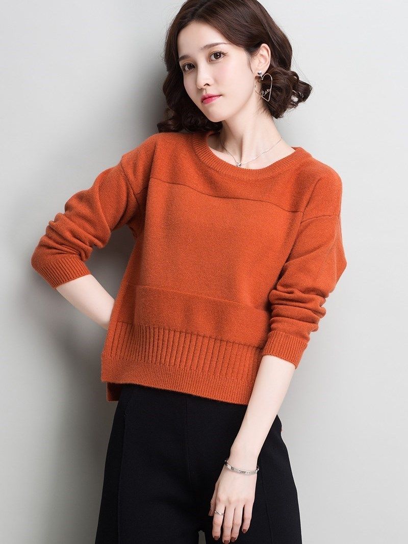 配阔腿裤的上衣女春秋2022秋冬圆领洋气针织衫低领打底衫短款毛衣
