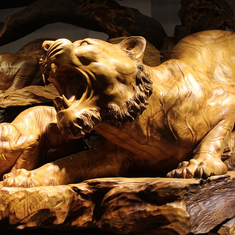 大型根雕 久久幸福 天然根雕 豹子全家福 根抱石 大师作品