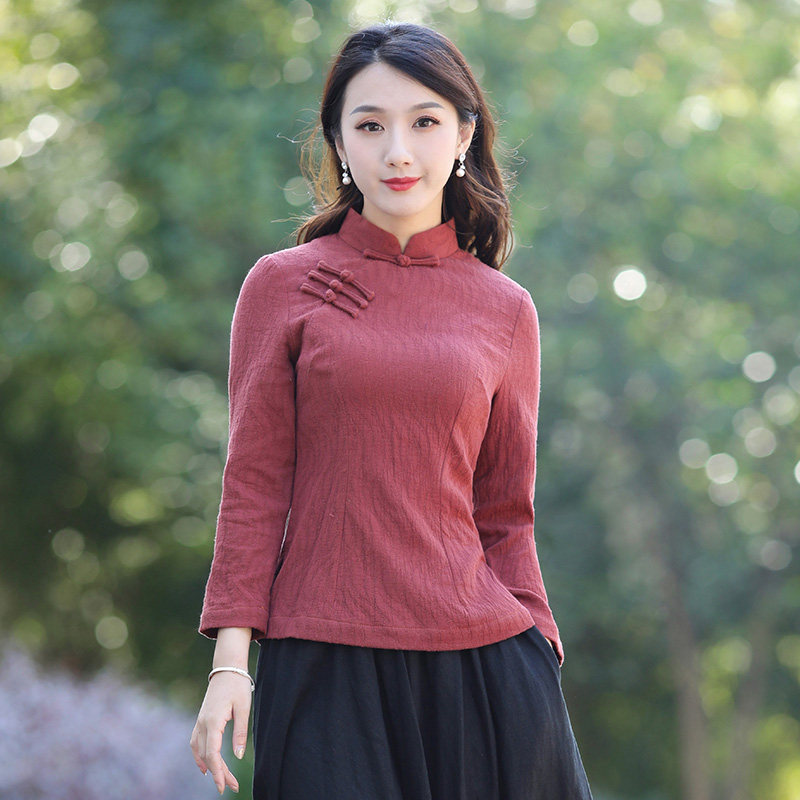 如意风旗袍式上衣改良唐装中国风女装复古长袖红色中式盘扣上衣女